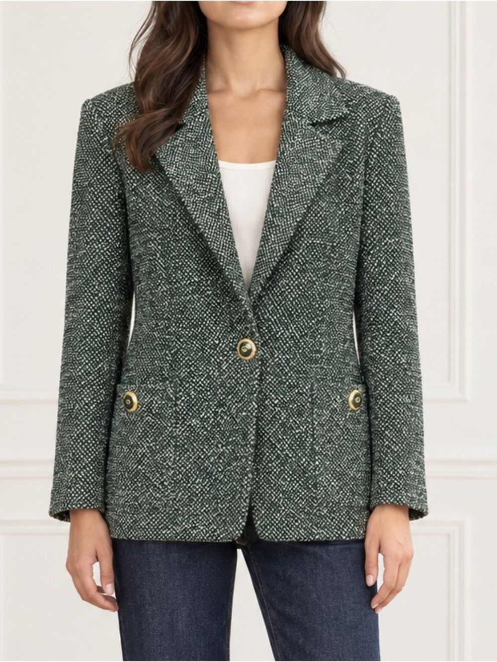 Vintage St John Collection Tweed Blazer Size 12 Green Boucle Knit Gold Buttons